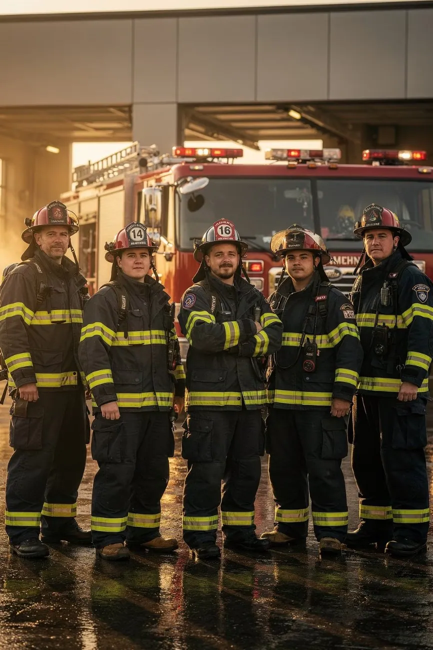 Fire crew in full turnout gear at the apparatus bay