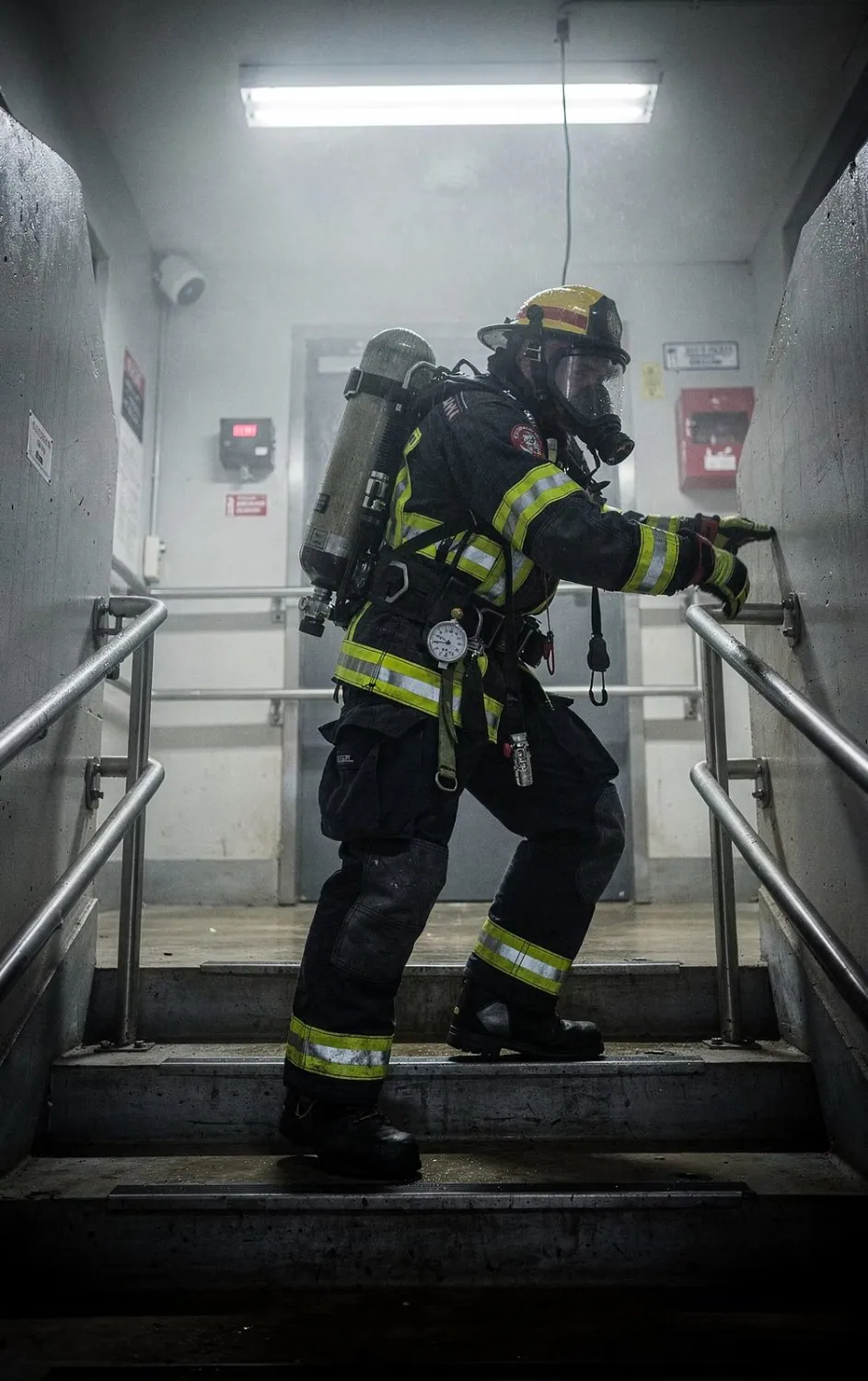 A firefighter in full turnout gear and SCBA climbing a stairwell during a training evolution
