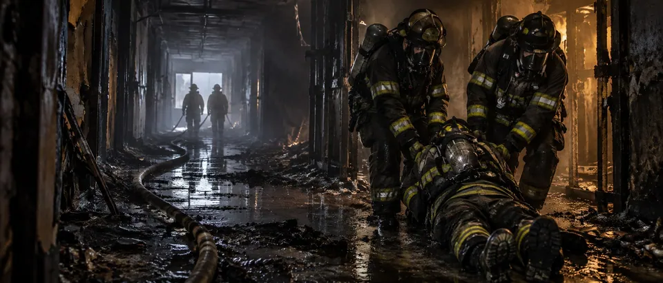 Firefighters attending a downed colleague in a burned corridor